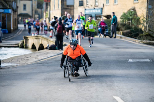 Wheelchair racer Les Hampton from Cheltenham & County Harriers provided an inspiring performance finishing in 46:39. Wheelchair racer Les Hampton from Cheltenham & County Harriers provided an inspiring performance finishing in 46:39.