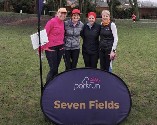 Linda (3rd from left) and Liz (far right) at Seven Fields Parkrun - 7th February 2026