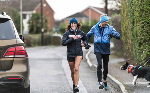 Noelle and John heading for the finish, with a momentary stand-off between John and a local dog - 21st January 2024.
Click on image for a larger version Noelle and John heading for the finish, with a momentary stand-off between John and a local dog - 21st January 2024. Click on image for a larger version